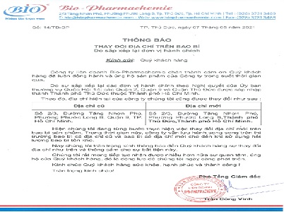 THÔNG BÁO THAY ĐỔI ĐỊA CHỈ TRÊN BAO BÌ